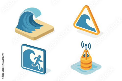 Tsunami preparedness isometric icon set. Natural disaster, earthquake, warning sign, evacuation route, safety alert, coastal sensor buoy. Vector illustration collection concept.