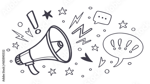 Doodle of a megaphone announcing with stars and speech bubbles