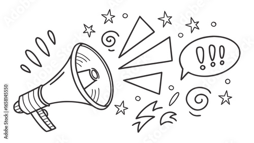 Doodle of a megaphone announcing with stars and speech bubble