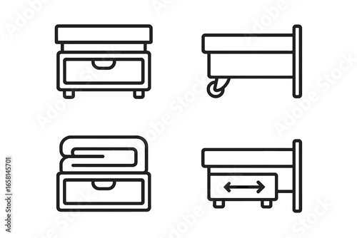 Under-bed drawer line icon set. Vector collection of sliding storage, pull-out drawers on caster wheels & folded clothes. Furniture & home organization for small spaces concept.