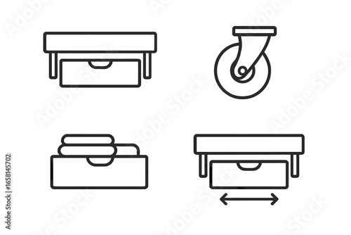 Under-bed drawer icon set. Outline symbols for home organization. Sliding pull-out storage box on caster wheels with folded clothes. Concept for bedroom furniture and saving space.