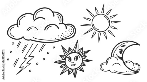 Doodle weather icons featuring sun moon clouds rain and lightning