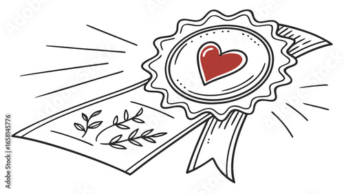 Hand drawn award ribbon with heart and laurel wreath
