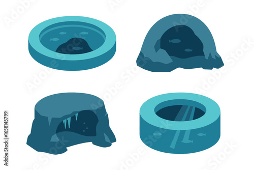 Underwater cave isometric icons set. Flat vector illustration of a blue hole, cenote, grotto entrance, and cavern. Marine exploration, geology, and scuba diving concept.