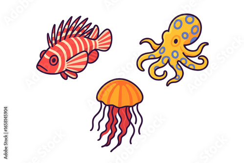 Poisonous sea animals icon set. Venomous underwater creatures collection. Lionfish, blue-ringed octopus, sea nettle jellyfish. Dangerous marine life flat vector illustration.