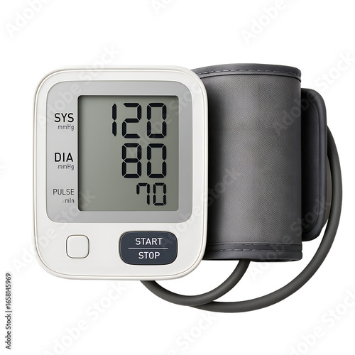 Digital Blood Pressure Monitor with Cuff Displaying 120 over 80 on Transparent Background