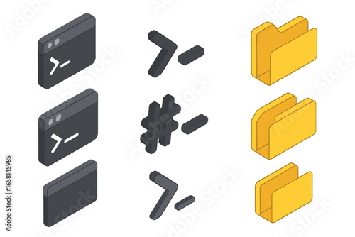 Isometric icon set of Unix shell command-line elements. Vector illustration of terminal window, root and user shell prompt, and directory folder for coding or IT concept.