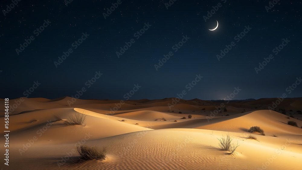 Naklejka premium Desert Nightscape with Crescent Moon - Serene Landscape with Sand Dunes and Starry Sky for Backgrounds and Travel Photography