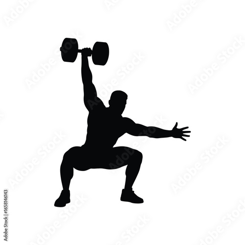 Silhouette of person performing weightlifting squat with one arm extended and dumbbell overhead, showcasing strength, balance, and form