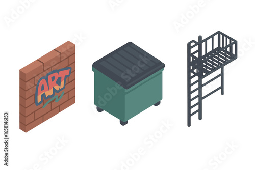 Urban alley vector icon set with isometric brick wall graffiti, dumpster, fire escape ladder. Hidden city street elements for urban life, infrastructure, sanitation, emergency access, street art.