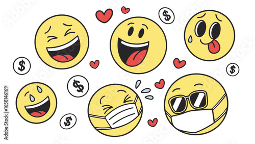 Happy and masked emojis with hearts and money symbols