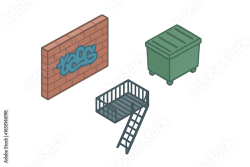 Isometric urban alley icons set. Hidden alley route elements including graffiti brick wall, green dumpster, metal fire escape ladder. City backstreet, urban infrastructure, secret passage concept.