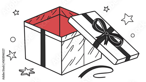 Open gift box with black ribbon and stars illustration