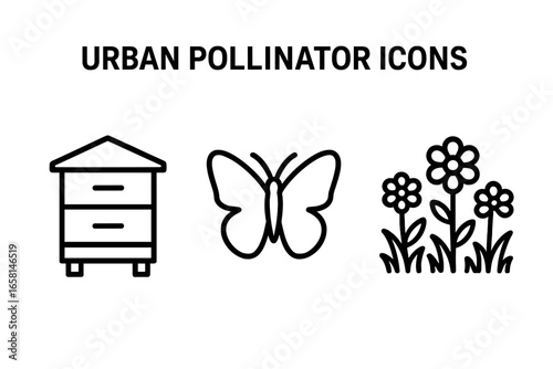 Urban pollinator habitat outline icons set. Beehive box, butterfly silhouette, wildflower patch. Urban beekeeping, insect conservation, pollinator-friendly city gardens vector illustration.