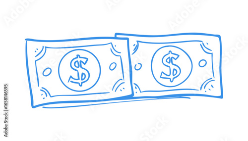 Simple blue line drawing of two dollar bills