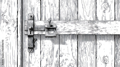 Aged wooden door with a vintage metal latch and bolt