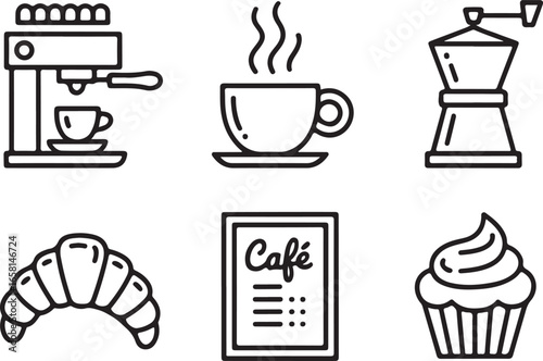 Café Essentials Hand-Drawn Line Icon Pack Coffee Machine, Cup, Grinder, Croissant, Menu, and Pastry