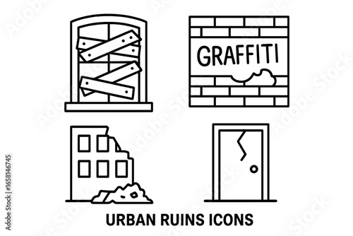 Urban ruins icons set. Outline vector illustrations of abandoned city buildings, boarded-up windows, graffiti wall, broken door, derelict architecture, disaster debris, urban decay, transparent.