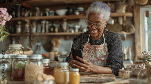 Cheerful Senior Woman in Kitchen Enjoys Smartphone amidst Homegrown Produce