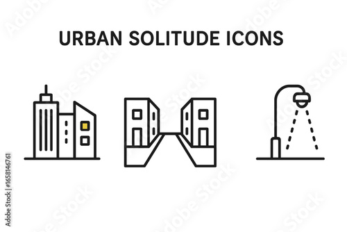 Urban solitude icons set. Outline vector collection of lonely city skyline, one illuminated window, empty street, isolated streetlamp. Downtown loneliness, urban isolation, minimal linear illustration