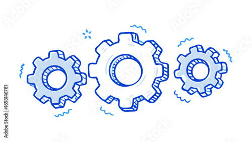 Three interlocking gears in a hand drawn style