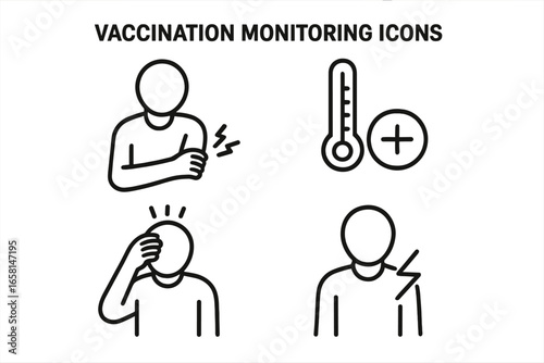 Vaccination side effects monitoring icons vector. Patient holding forearm, thermometer, fever, headache, arm pain. Medical symptom outline set. Immunization health check. Isolated black illustration.