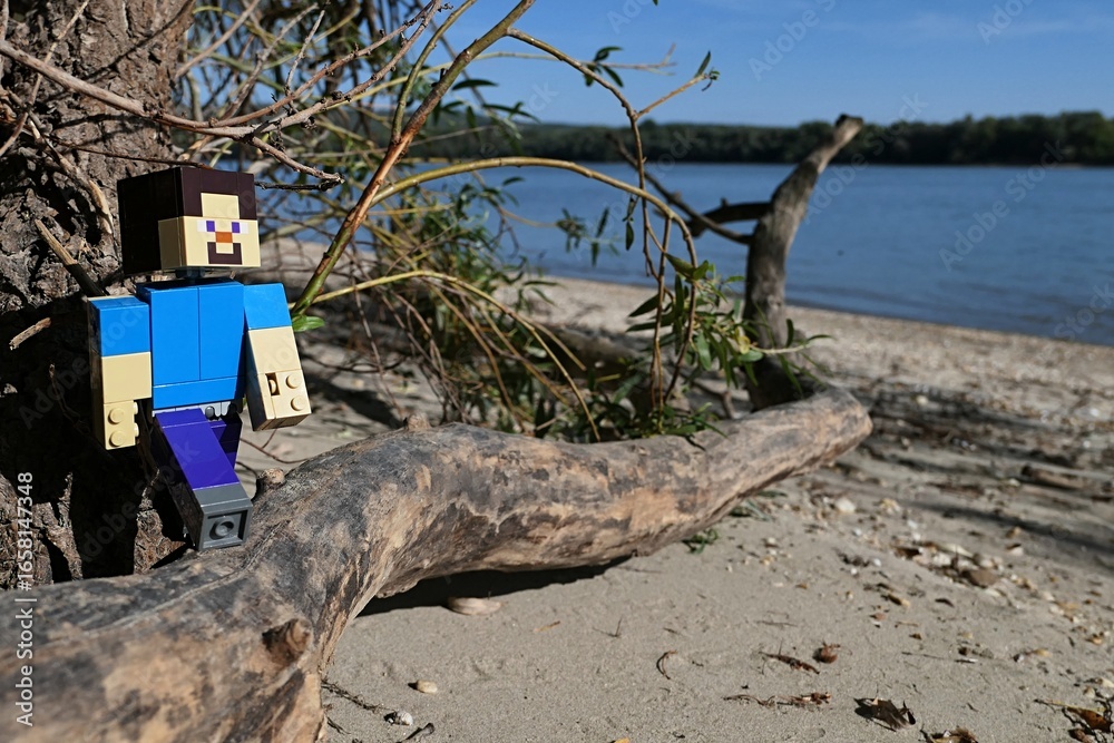 Obraz premium LEGO Minecraft large figure of smiling Steve stepping on dead fallen tree trunk, driftwood on sandy bank of Danube river, borderline of Slovakia and Hungary. Summer daylight sunshine, blue skies.