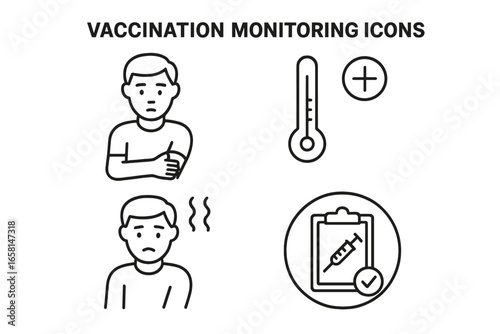 Vaccination Side Effects Monitoring Icons Set. Patient Symptoms Forearm Soreness After Injection, Fever Thermometer, Health Checklist, Immunization Diagnostics. Outline Medical Vector Illustration