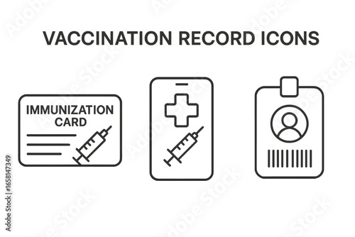 Vaccination Record Icons Set. Immunization Card, Digital Health App, Medical ID Badge, Outline Vector. Healthcare Documentation, Digital Proof, COVID Certificate. Immunization, Mobile App, Barcode ID