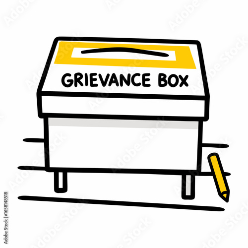 Grievance box on white background with yellow top and pencil  