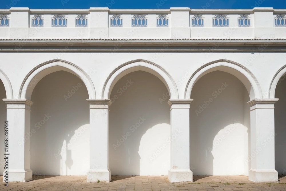 Fototapeta premium White Arched Building Exterior with Columns and Clear Blue Sky Architectural Design