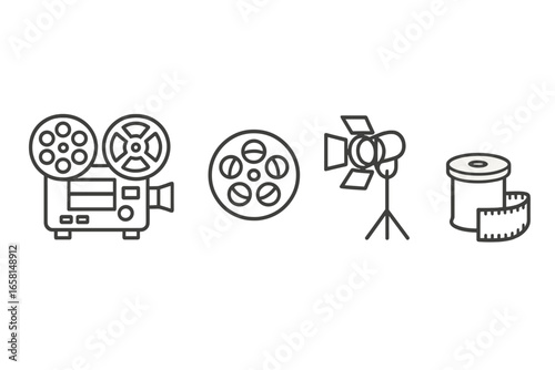 Vintage film equipment icons set, outline vector illustration of classic reel-to-reel projector, film reels, vintage lamps, retro cinema technology collection on transparent background