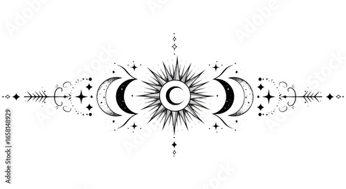 celestial design featuring the sun, moon phases, and stars. This illustration symbolizes cosmic balance and mystical allure, the design offers a blend of celestial harmony. transparent png