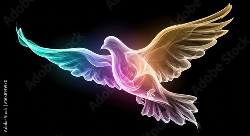 A Mystical Dove of Rainbow Light Soaring Against Darkness