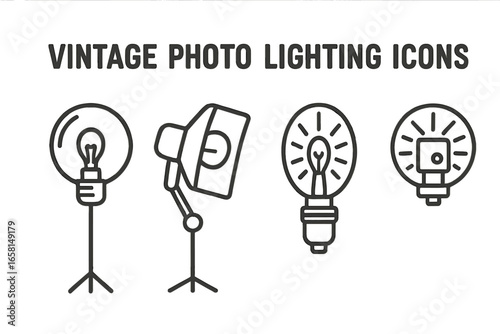 Vintage Photography Lighting Icons Outline Set. Retro Tungsten Bulb, Studio Lamp, Flashbulb Vector Illustration. Classic Photo Equipment Symbol Collection for Stock Design Usage.