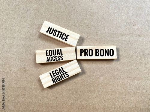 Wooden block labeled Pro Bono is connected to three other blocks that read Justice, Equal Access, and Legal Rights. The concept of pro bono legal work and its vital role in ensuring social justice.