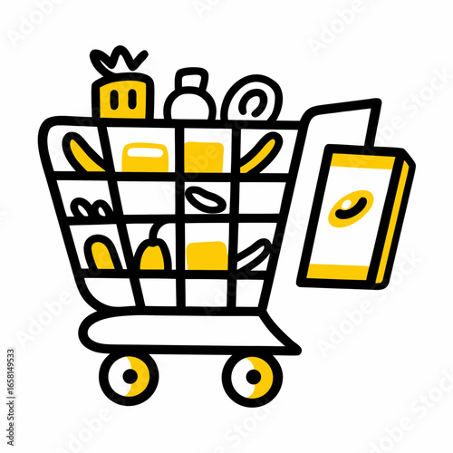 Shopping cart filled with groceries in simple outlined style  