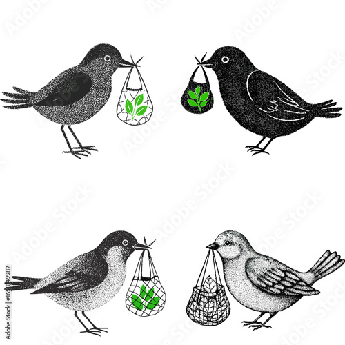 Set of icons in exclusive dot graphic style: Birds with reusable bags