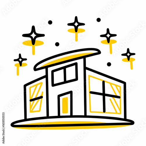 Modern house illustration with sparkles and bright colors  