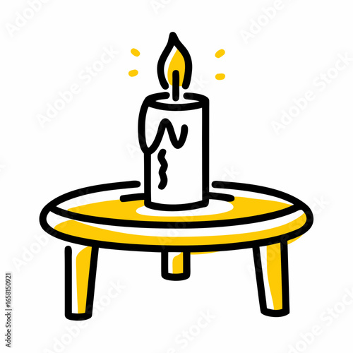 Candle on a wooden table with yellow accents glowing softly  