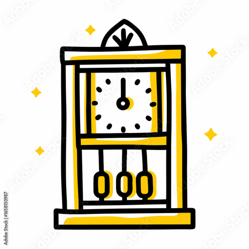 Hand-drawn vintage wall clock with pendulum and decorative elements  