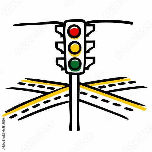 Traffic light illustration at crossroads with dashed white lines  
