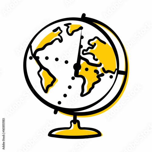 Globe illustration with yellow and black design on a white background  