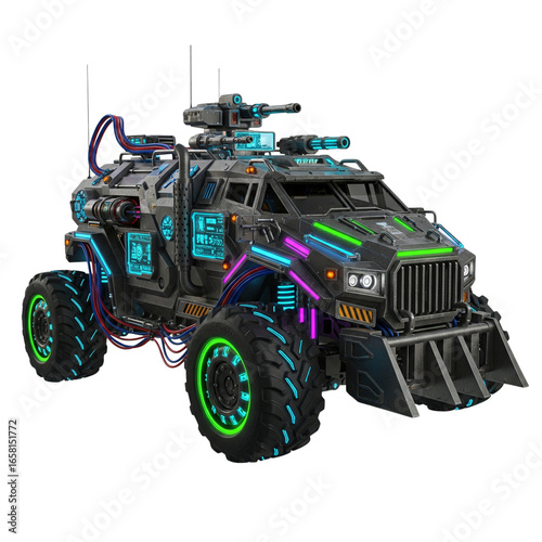 Cool 3D illustration of a neon armed cyber truck, isolated on white
