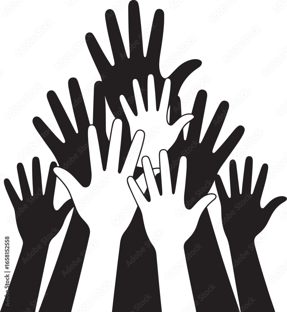 Fototapeta premium Diverse Hands Reaching Upward Together in Unity and Support on Transparent Background Vector