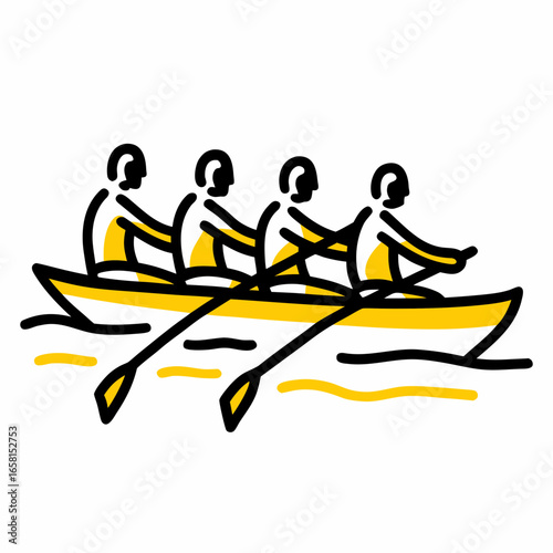Four rowers paddling together in a boat on calm water  