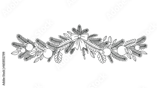 A christmas garland with pine branches, ornaments, leaves, and a bow in a black and white line drawing