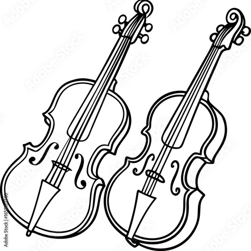 Two elegant violins in a simple black and white line drawing style