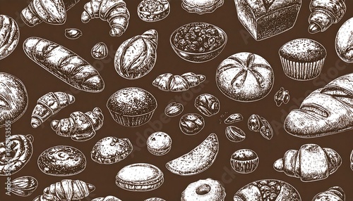 Detailed Sketch of Bakery Goods on Brown Background: Croissants, Breads, and Pastries