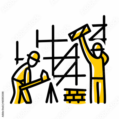 Construction workers using tools to build a structure in yellow outline  